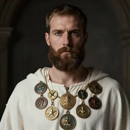 a face portrait of a man in the 3 0 s with a short brown beard, wearing many medallions, white robes, style by donato giancola, wayne reynolds, jeff easley dramatic light, high detail, cinematic lighting, artstation, dungeons and dragons