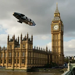 a spaceship crashing into big ben in london, film still