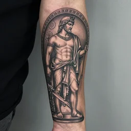 arm tattoo of a greek mural