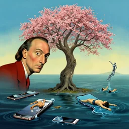 smartphones melting, a new tree blossoming, a human robot rising from an ocean and humans falling in the style of salvador dali