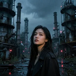 an asian woman, beautiful face, innocent loo, in abandoned industrial city with towering factories, fire escapes, scaffolding, smokestacks, and distant red lights at night in the rain, dark moody lighting, post - apocalyptic, desolate, by jeremy mann and alphonse mucha, dramatic lighting, ethereal, stunning, breathtaking, awe - inspiring award - winning, 8 k