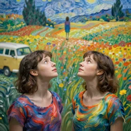 A dreaming person sees another far away person above a colourfull van Gogh style field while both person are surrounded by a colourful wind aura around their chests, dream, 40nm lens, shallow depth of field, split lighting, 4k,