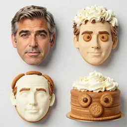 edible george clooney made step by step in separate frames. first step the basic face shape is made of cake, second step adds hair made of whipped cream and eyes made of cookies, third step adds a suit made of blueberries and a strawberry tie, fourth step adds fine details using sprinkles and chocolate sauce, from the beautiful'how to make food art step by step collection ', dslr