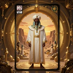 symmetry!! an african moor wearing white robes and turban in the valley of the kings at sunset. ornate, golden, steampunk stargate. front game card. marvel comics. dark. intricate. highly detailed. smooth. artstation. digital illustration by ruan jia, mandy jurgens, artgerm, wayne barlowe, greg rutkowski, and zdislaw beksinsk.