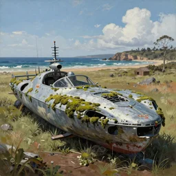 hyper realistic painting of an abandoned MCRN Corvette-class frigate covered with moss, an Australian summer landscape, by Zdzislaw Beksinski