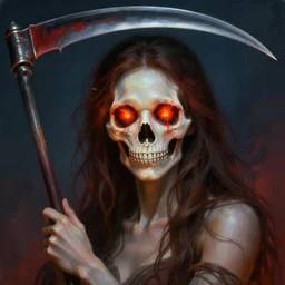 dreamy portrait of a beautiful female personification of death with burning eyes holding a scythe, upper body visible, ultra realistic, highly detailed, hd, sharp focus, cinematic lighting, mood lighting, realistic, photorealistic, vivid colors, painting, photograph, digital art, non blurry, sharp, artstation, concept art, smooth, illustration