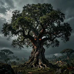 crazy evil tree with glowing orange eyes