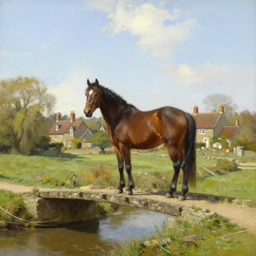 a horse standing on a bridge, village in england, sunshine, few clouds, rural, painting by mark keathley