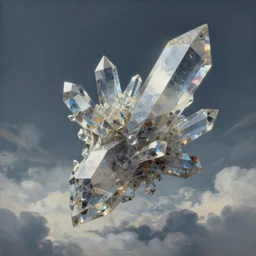 a painting of a crystal abstract sculpture flying on the clouds, a detailed matte painting by christophe vacher, cgsociety, fantasy art, matte painting, matte drawing, concept art