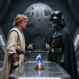 luke skywalker and darth vadar standing facing eachother in the throne room of the death star. A table between them with a single kyber crystal resting upon it. Hyper realism, detailed, star wars, lighting, 8k, photo