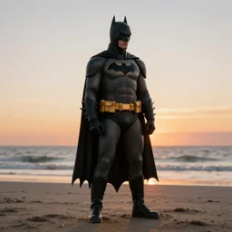 realistic full body photo of batman, he is on a beach watching the sunset, by neal adams and jim lee, graphic studio design, high detail, unreal engine 5, trending on artstation