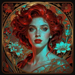 nadine lustre as darna, volumetric lights, red and cyan theme, art nouveau botanicals, intricate, highly detailed, digital painting, artstation, concept art, smooth, sharp focus, cinematic, illustration, beautiful face, art by artgerm and greg rutkowski and alphonse mucha