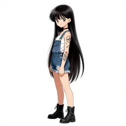 portrait of sailor moon with arm tattoos, stitched together, soft eyes and narrow chin, dainty figure, long hair straight down, torn overalls, short shorts, combat boots, basic white background, side boob, symmetrical, single person, style of by jordan grimmer and greg rutkowski, crisp lines and color,