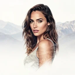 creative double exposure effect tattoo design sketch of beautiful gal gadot faded with beautiful mountain scenery, realism tattoo, in the style of matteo pasqualin, amazing detail, sharp