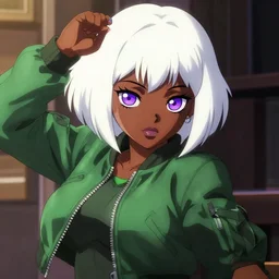 anime poster film still portrait, young black woman, black black black woman, purple colored eyes!!!!, white!!! french bob hairstyle, green colored bomber jacket, detailed facial features, dynamic pose,, rimlight, cel shaded, 4 k