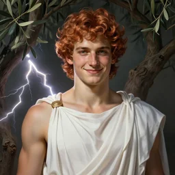 portrait of teenage zeus, greek, short curly copper hair, smirking arrogantly, wearing a white sash, olive tree, intricate, elegant, lightning bolt, glowing lights, chiaroscuro, highly detailed, digital painting, artstation, concept art, smooth, sharp focus, illustration, art by wlop, mucha, artgerm, and greg rutkowski