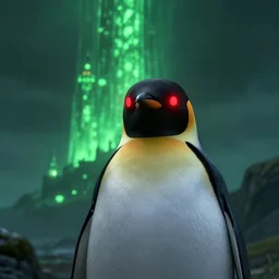 penguin with red glowing eyes in front of a green glowing tower in the background, lord of the rings style