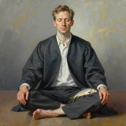 a stunning ultra realistic fine art painting of the world's greatest lawyer meditating on the floor, trout sticking out of pants,  studio portrait, vibrant colors, by Tom Bagshaw, 4K