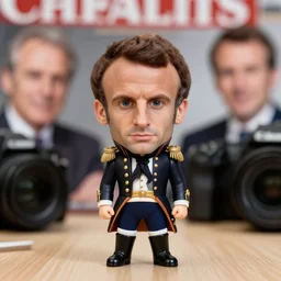 closeup portrait of a tiny emmanuel macron dressed as napoleon standing on a desk, paris background, macro photo, bokeh, natural light, sharp, detailed face, magazine, press, steve mccurry, david lazar, canon, nikon, focus