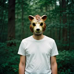 a high definition film photograph of a creepy man standing in a dense forest wearing a clean t - shirt and a retro vintage creepy animal mask, hipster cinematic colors, trending on instagram, photography, sigma 8 5 mm f / 1. 4