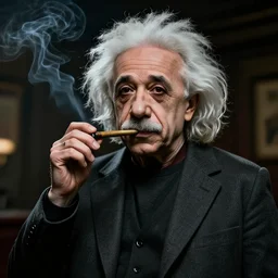 hipster albert einstein smoking a blunt, wide shot, dramatic lighting, octane render, hyperrealistic, high quality, HD, cinematic