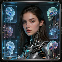 beauty young spanish woman portrait in holograms of alien artifacts, electrical case display, Terminator tech, ultrarealistic, dramatic lighting, electrical details, high details, 4k, 8k, best, accurate, trending on artstation, artstation, photorealism, ultrarealistic, digital painting, style of Peter Mohrbacher, Caravaggio, Boris Vallejo