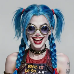 jinx : evil audrey hepburn as harley quinn braids, double long braids blue, no makeup, tane skin, blue hairs, insane crazy laugh, welding steampunk googles, portrait shinkai makoto artgerm rossdraws james jean marc simonetti highly detailed intricate matte sharp focus digital painting artstation pixiv