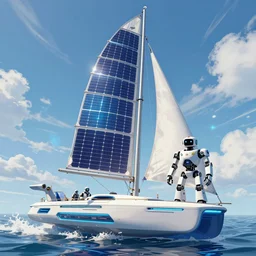 Marvel!!!! comic! style futuristic sailboat with solar sales and robot! captain!, digital art, 8k
