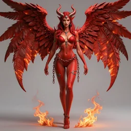 full length complex 3 d hyper realistic smooth ultra sharp render of a gorgeous!! fiery chained red skinned demoness viking warrior bikini | goddess of beauty, fallen angel, medieval, fantasy | high detail, 4 k, hd, symmetrical, proportional, cinematic, epic scene | art by oh jinwook + 吵 集 仁 儿 on artstaion + takeshi obata + alphonse mucha + jim lee