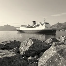 super detailed color lowpoly art, northern sunset with rocks on front, monochrome photorealistic bay in the middle of perspective and mountains at background, big graphic seiner ship, unreal engine, high contrast color palette, 3 d render, lowpoly, colorful, digital art, perspective, full volume composition, robb cobb, robert mccall, syd mead