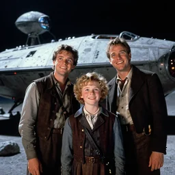 extremely sharply detailed, 7 0 mm scan from blockbuster 9 6 k sci fi color movie freeze frame, set 1 8 6 0, family standing in front of crashed spaceship, on alien planet, looking happy, wearing 1 8 5 0 s era clothes, atmospheric lighting, in focus, reflective eyes, 9 9 9 mm lens, live action, nice composition and photography, clear facial details