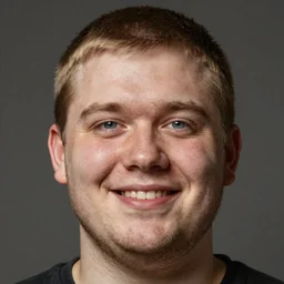 tall chunky man in his twenties with brown blond short regular haircut and round facial structure with cleft chin, straight eyebrows, big grey blue eyes, grinning, cheekbones, straight nose, wider face, shadow of beard, atmospheric lighting, painted, intricate, 4 k, highly detailed by charlie bowater
