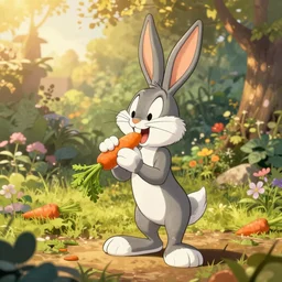 bugs bunny, eating a carrot, golden hour, in a garden, artstation, by J. C. Leyendecker and Peter Paul Rubens,