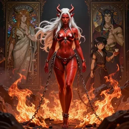 full length complex 3 d hyper realistic smooth ultra sharp render of a gorgeous!! fiery chained red skinned white haired demoness viking warrior bikini | medieval fantasy, dark fantasy, d & d | high detail, 4 k, hd, symmetrical, proportional, cinematic, epic scene | art by oh jinwook + 吵 集 仁 儿 on artstaion + takeshi obata + alphonse mucha + jim lee