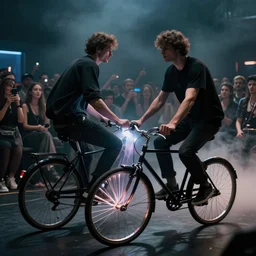 two guys using one bicycle as a stroboscope in front of an audience, techno, foggy, dark, intense, rendering, high details