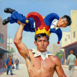 greg manchess portrait of a filipino fighter wearing a jester hat victorious holding a man in a blue suit over his head, organic painting, sunny day, matte painting, bold shapes, hard edges, street art, trending on artstation, by huang guangjian, gil elvgren, ruan jia, randy vargas, greg rutkowski