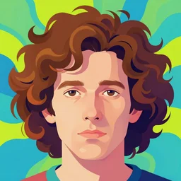 a colorful vibrant closeup portrait of a simple caucasian man with curly mid length brown hair with a calm aesthetic face and psychedelic hair, by kawase hasui, moebius, edward hopper and james gilleard, zdzislaw beksinski, steven outram colorful flat surreal design, hd, 8 k, artstation