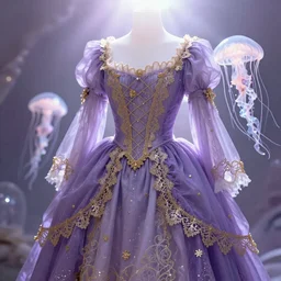 purple dress design with goldenlace in the style of rococo ,Victorian era，jellyfish element,dreamy, soft ,Backlight ,luminescence,Aetherpunk,highly detailed,8k