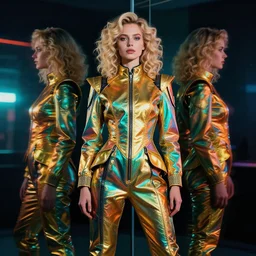 vertical photo of polish female in chromatic futuristic suit, blonde, curly hair, symmetrical beautiful face, cyberpunk, native costume, standing in the dark room, prismatic neon, fashion editorial photography, hyperrealistic, from vogue magazine, reflections, refraction, gold, teal, orange