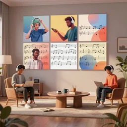 rendered in blender people in beautiful room listen music, musical score, abstract photo collage, high resolution, unreal 6, breathtaking detailed, by cornell joseph