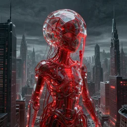 Portrait Masterpiece,  person made out of glass, h.r. giger city, red, glowing, wires everywhere, by Edgar Maxence and Ross Tran, Zdzisław Beksiński, and Michael Whelan, distant, gustav dore, H.R. Giger, 8k, octane render