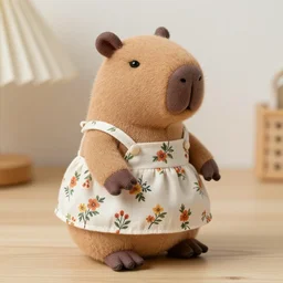 Soft linen capybara toy, standing up, wearing a cute floral dress