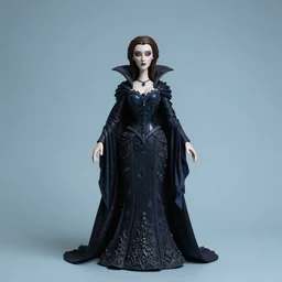 photo taken of an epic intricate, ultra detailed, super realistic stop motion puppet of a majestic gracious regal aristocratic brunette female vampire and gothic filmset created by weta workshop, menacing, wide angle, full body shots, photorealistic, sharp focus, white wall, extremely cold blueish colour temperature, 3 5 mm, f 1. 4, golden ratio