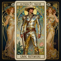 a dramatic ethereal epic symmetrical painting of a handsome cowboy in a palladium outfit | tarot card, art deco, art nouveau,  (steampunk), homoerotic, realistic | by Greg Rutkowski, by Mark Maggiori and ((((Alphonse Mucha))) | trending on artstation