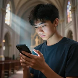 a male teenager praying for a divine smartphone in front of him, digital art, masterpiece, digital painting, high coherence, anatomically correct, five fingers, path traced, highly detailed, high quality, 4 k, concept art, octane render, unreal engine 5, trending on artstation, trending on deviantart, short black hair, hyperrealistic, church image, godrays