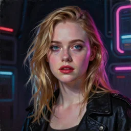 Elle Fanning, extremely detailed masterpiece, hyper-realism, oil on canvas, low-key neon lighting, artstation, Blade Runner 2049, Roger Deakin’s cinematography, by Dennis Wojtkiewicz,