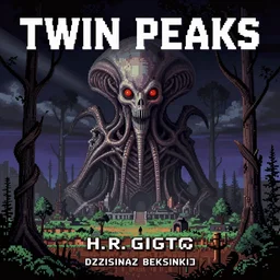 glitchy pixelated Sega Mega Drive Genesis game of Twin Peaks in the style of H.R. Giger, Zdzislaw Beksinski and Todd McFarlane