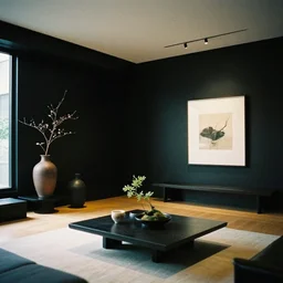 8 k film still, a luxury sydney apartment by japanese architect, black walls, pottery and art, ikebana, zen