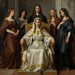 Realistic painting of beautiful priestess woman in detailed costume, sitting on a throne in a throne room in a palace with 5 more priestesses standing behind her dramatic lighting, high-detailed oil painting by Ilya Repin, William Blake, Michelangelo da Caravaggio, Alex Grey and Beksinski, masterpiece, 4k