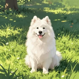 a samoyed dog sitting in the middle of sunny meadow, colored, by Kentaro Miura